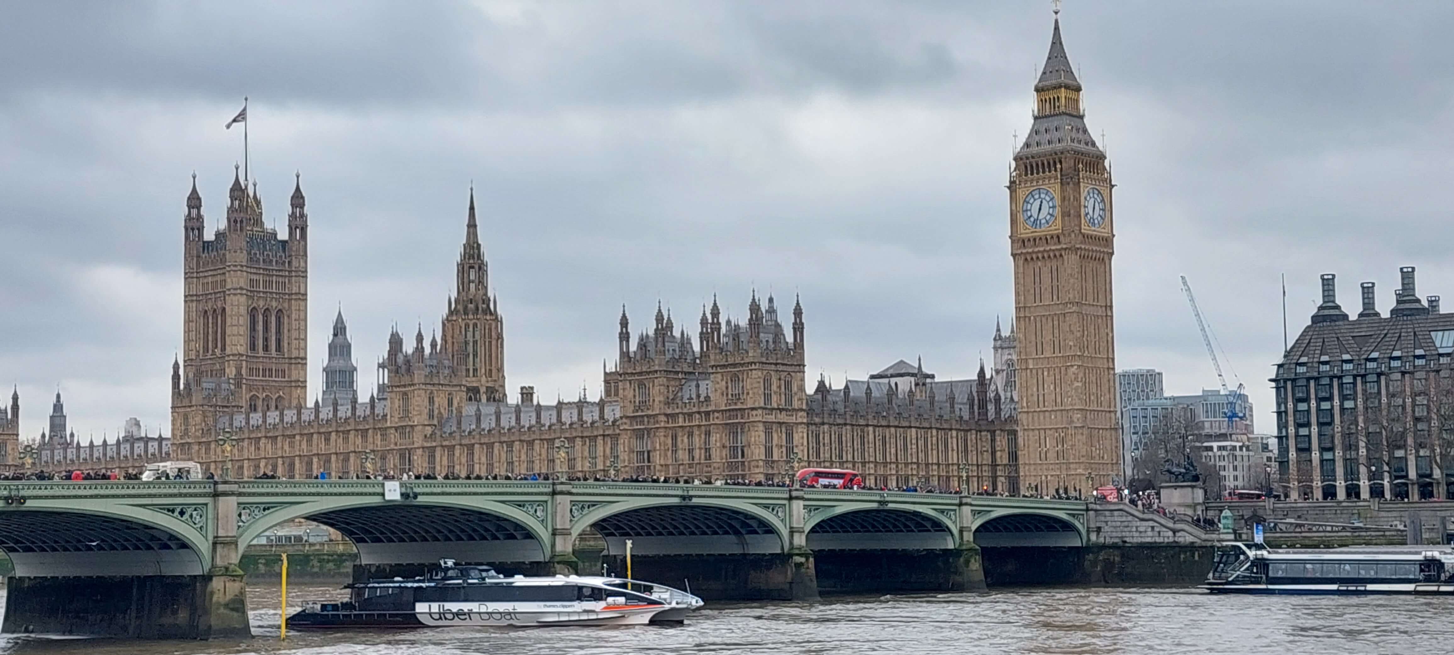 The Houses of Parliament in London, as seen from across the Thames.