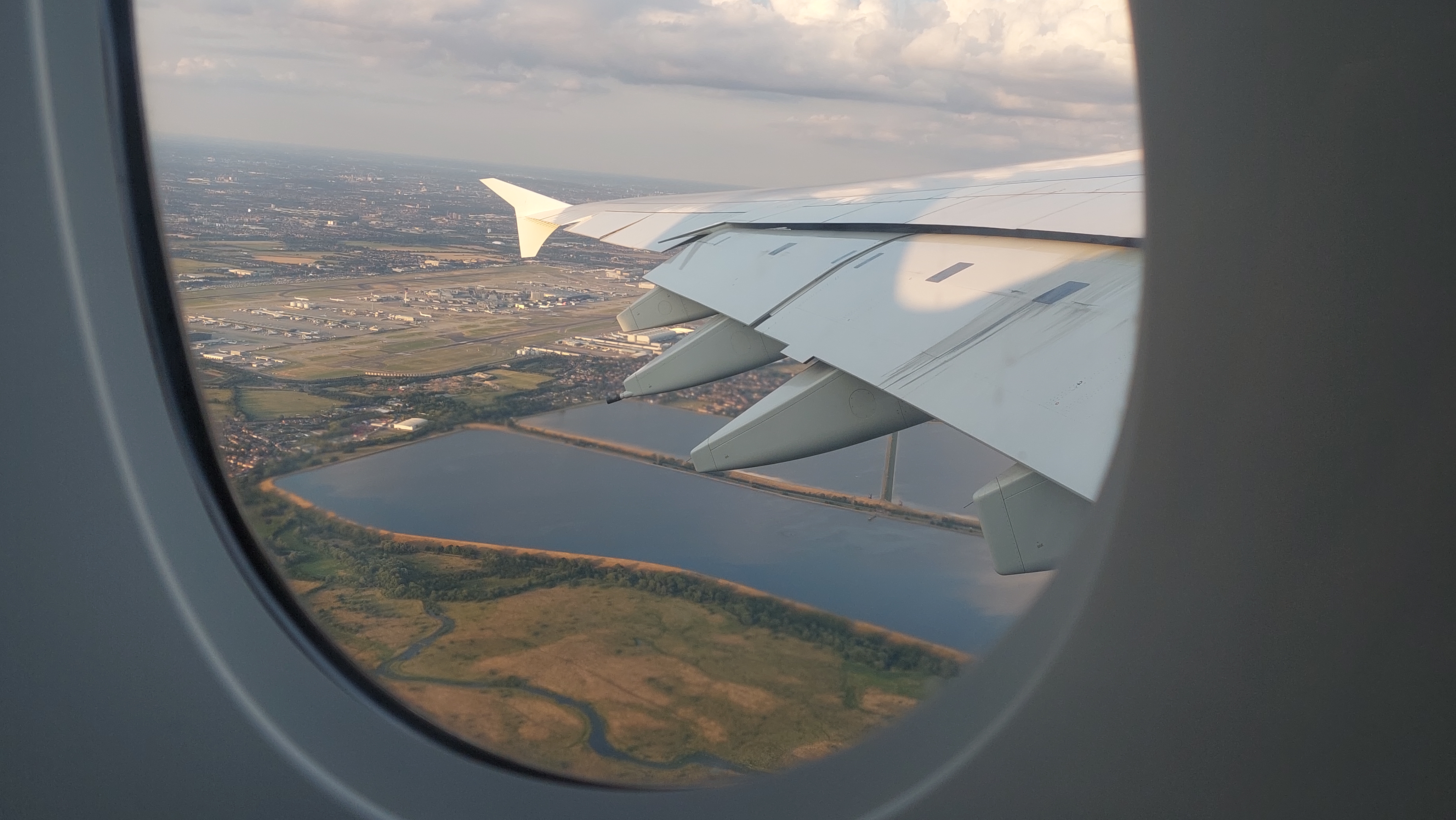 A view of London Heathrow Airport, out of the window of an Emirates A380.