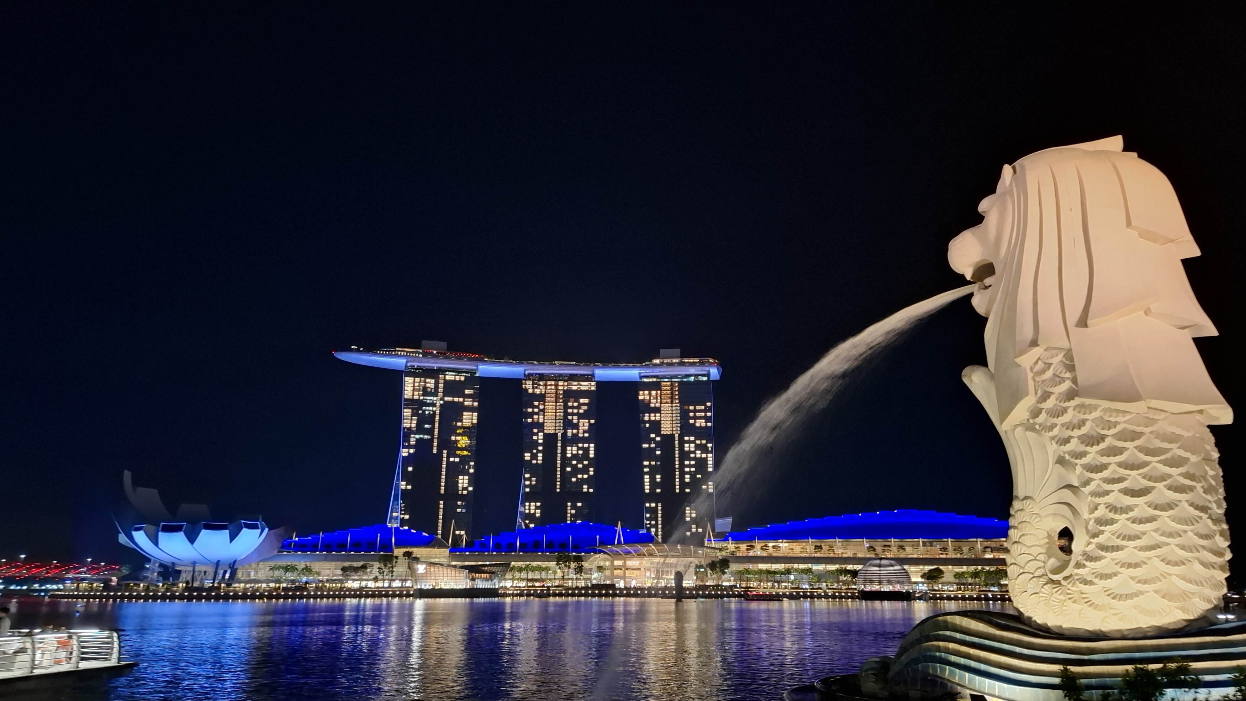 A view across the Singapore River, of the Marina Bay Sands, and the Merlion Statue, at night.