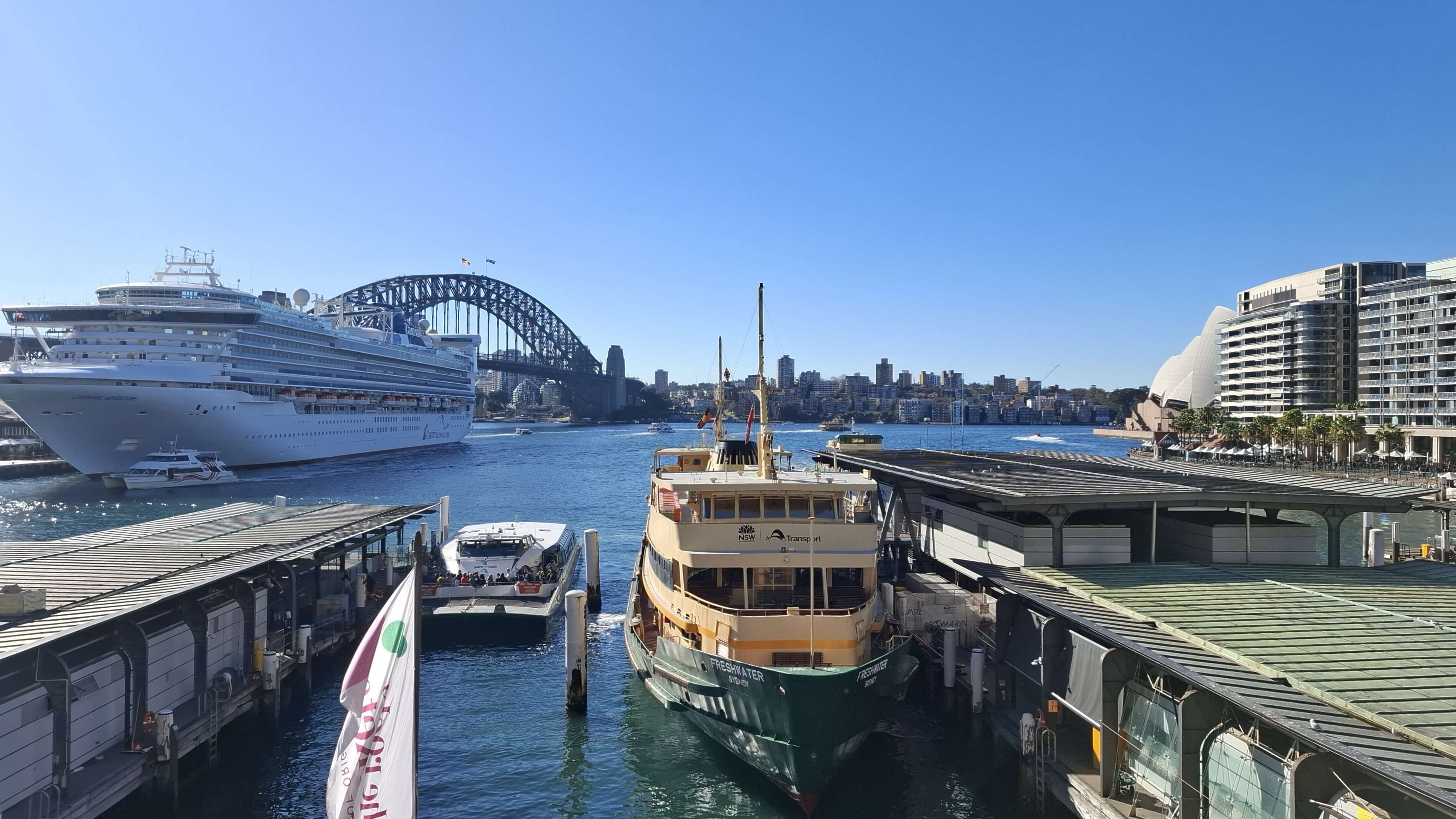A view of Sydney Harbour, including the bridge, Opera House, a ferry, and a cruise ship, as seen from Circular Quay Station.